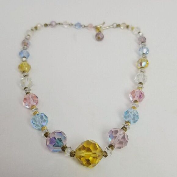 Vintage Jewelry - Vintage Colorful Glass Beaded Necklace, Pastel Rainbow Faceted Beads, 14 Inches